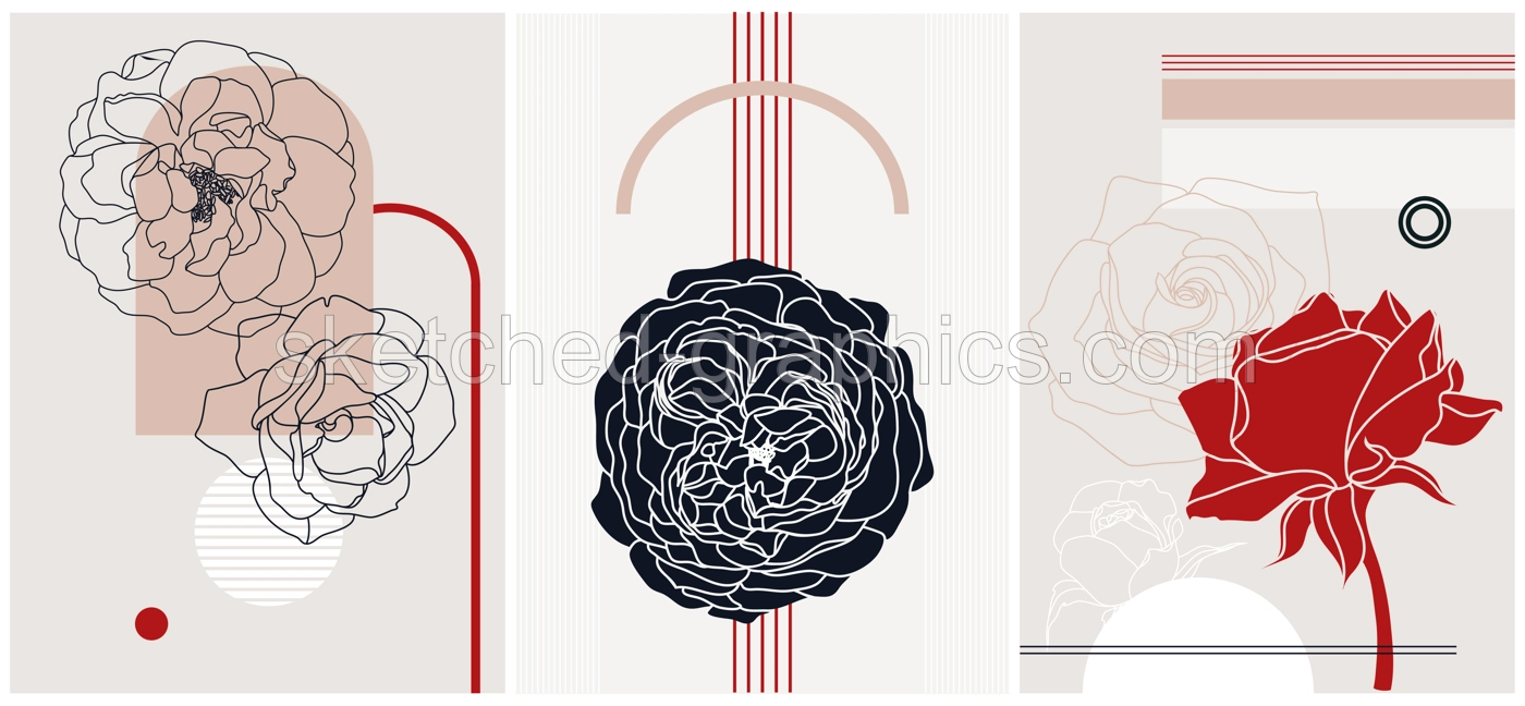 Trendy collage style roses card designs. Abstract and minimalist illustrations with floral rose outlines. With geometric shapes and botanical elements for wall art, prints, decoration, invitations Illustration